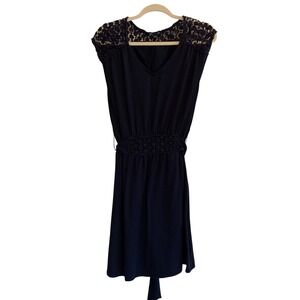 Gap Womens Navy Blue Crochet Lace Shoulder V-Neck Tie Waist Dress Large